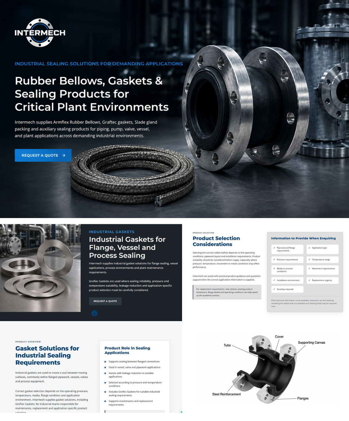Intermech website and technical product communication layouts showing industrial sealing product messaging, website structure and product information content.