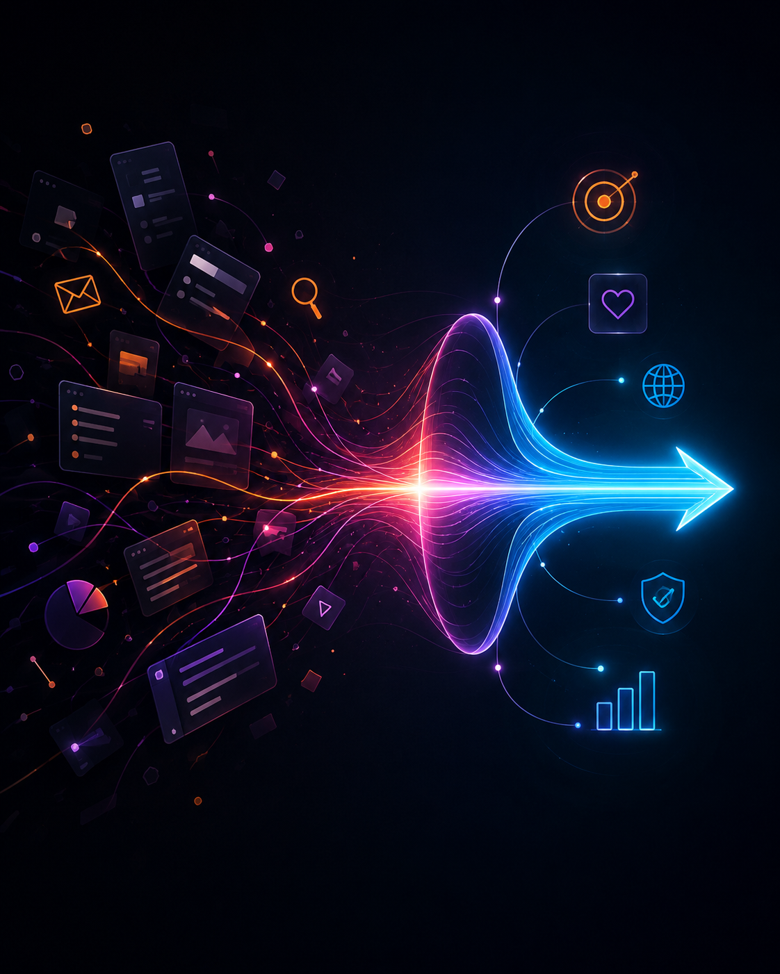 Abstract illuminated marketing pathway showing scattered activity becoming clearer direction.