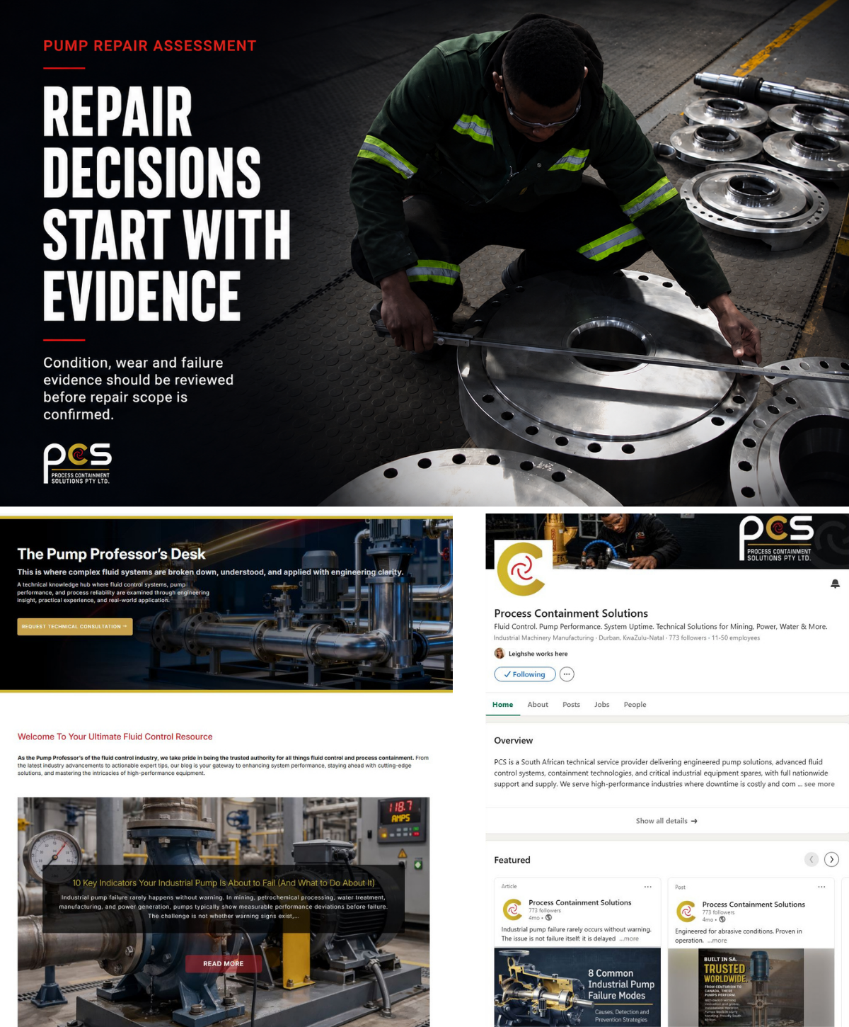 Selected Process Containment Solutions technical marketing work, including pump repair campaign content, website communication and LinkedIn visibility.