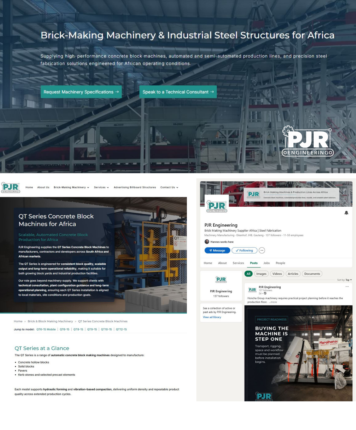 PJR Engineering digital marketing layouts showing website, campaign and social media communication for specialist machinery marketing.