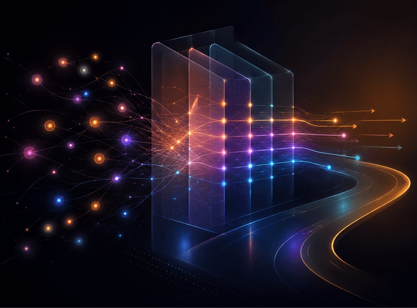 Abstract illuminated pathway showing scattered marketing elements becoming clearer through structured direction.