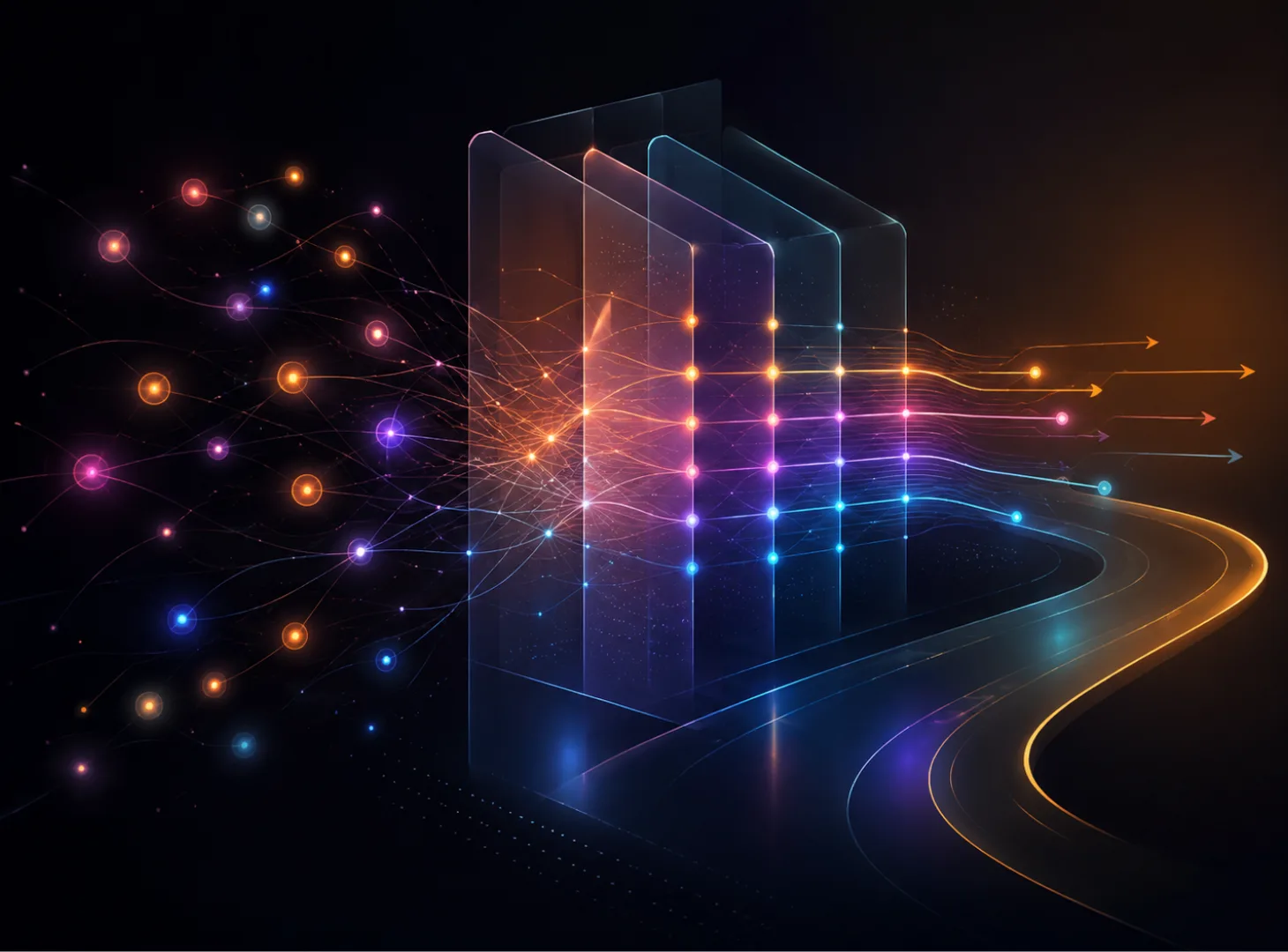 Abstract illuminated pathway showing scattered marketing elements becoming clearer through structured direction.