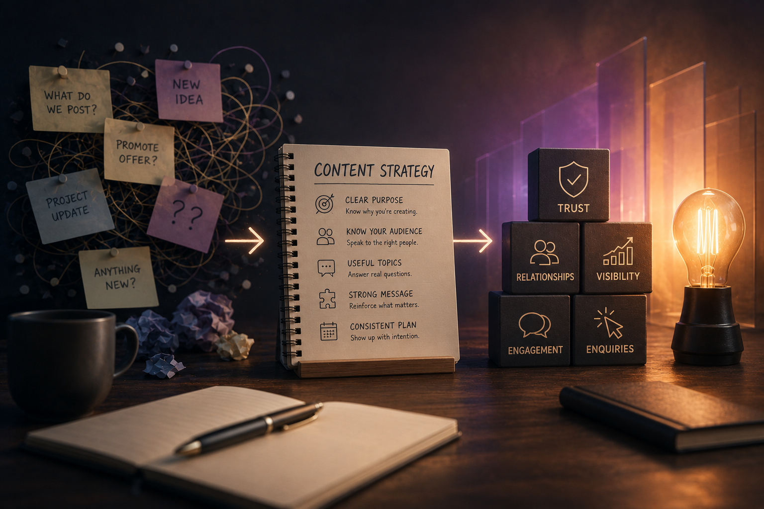 Feature image for an Illumin8 Marketing article about content strategy, showing a refined professional workspace with organised planning elements and a calm illuminated atmosphere that represents clearer communication, purposeful content and stronger marketing direction for South African businesses.
