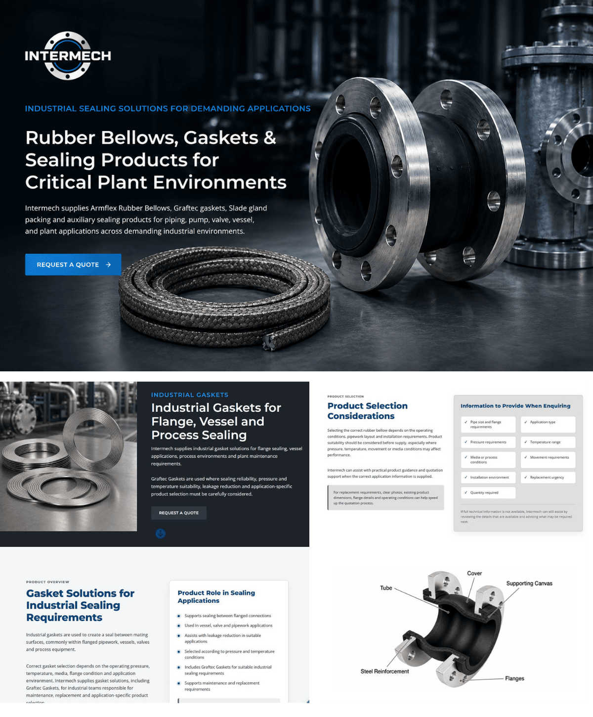 Intermech Website Development and Technical Product Communication Intermech website and technical product communication layouts showing industrial sealing product messaging, website structure and product information content.