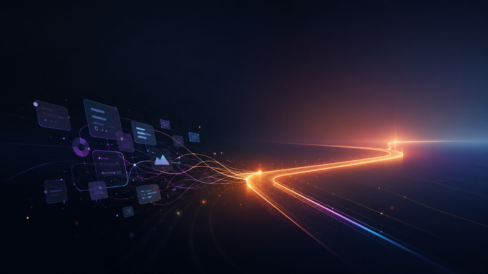Abstract illuminated pathway showing disconnected digital marketing elements becoming more connected through clearer strategy, structure and direction.