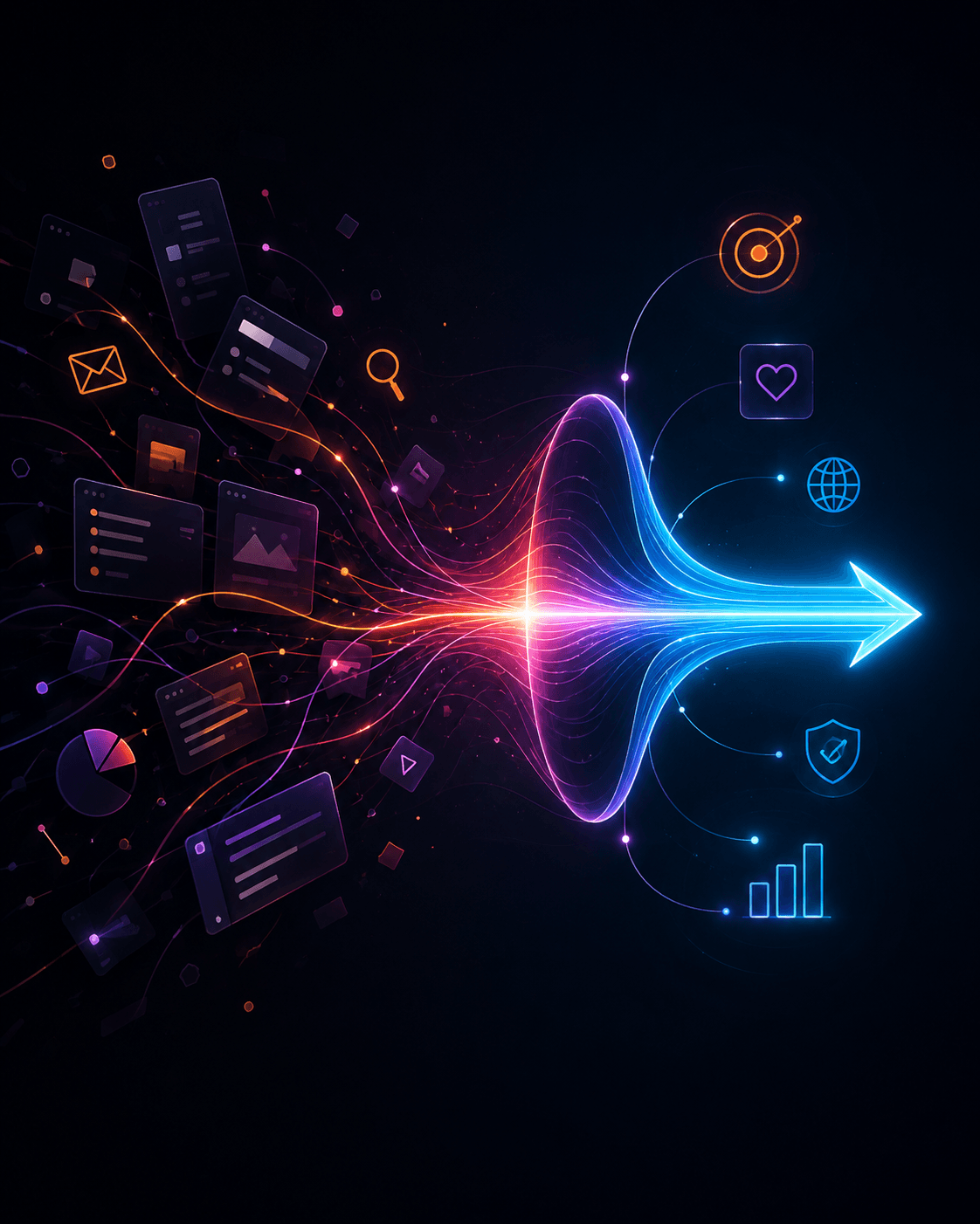 Abstract illuminated marketing pathway showing scattered activity becoming clearer direction.