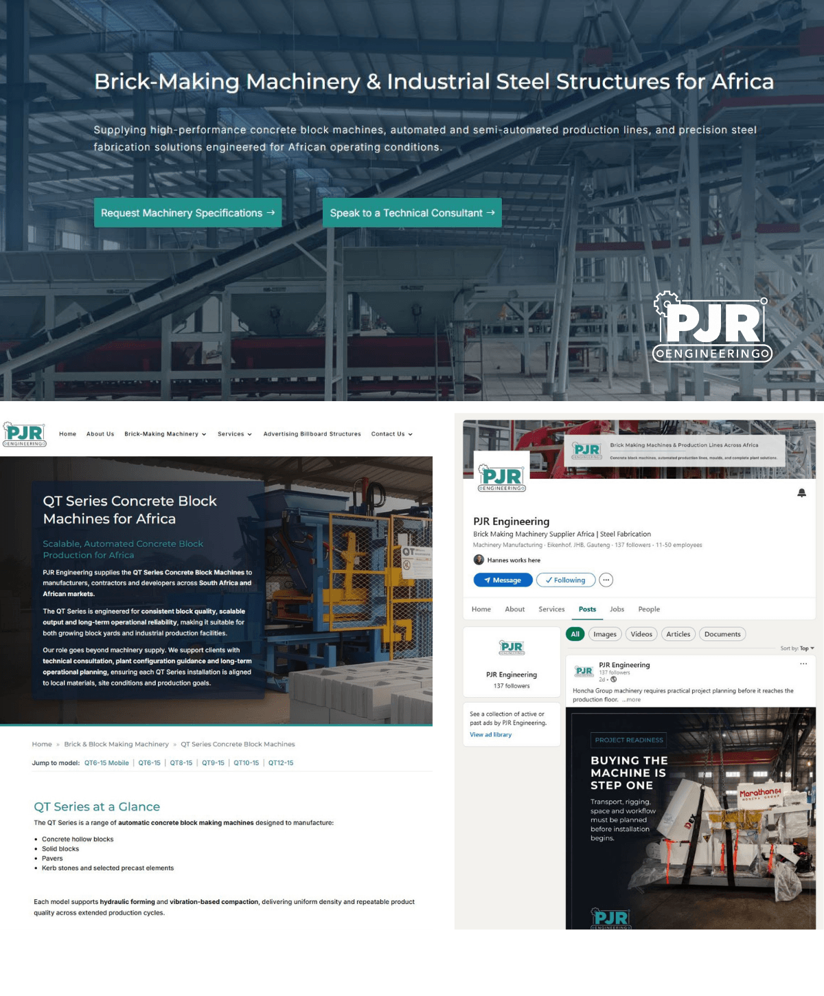 PJR Engineering Digital Marketing and Campaign Communication PJR Engineering digital marketing layouts showing website, campaign and social media communication for specialist machinery marketing.